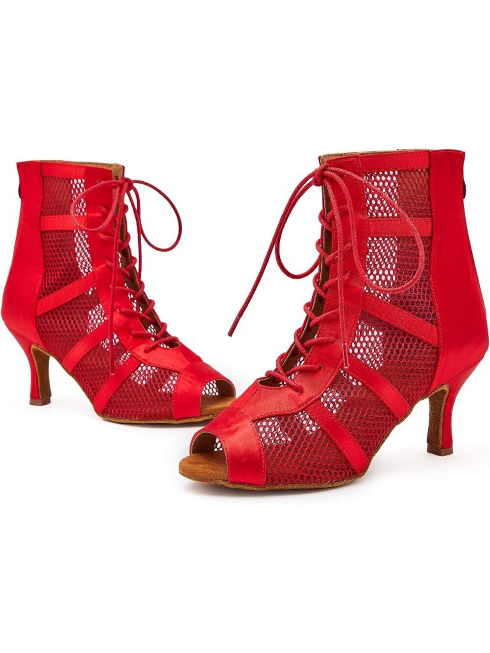 Women's Red Dance Heels 3 Inches Ballroom Latin Shoes Boots Satin Lace-Up
